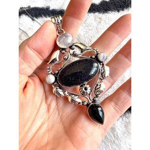 Blue Goldstone + Rainbow Moonstone + Onyx Pendant Necklace Silver plated